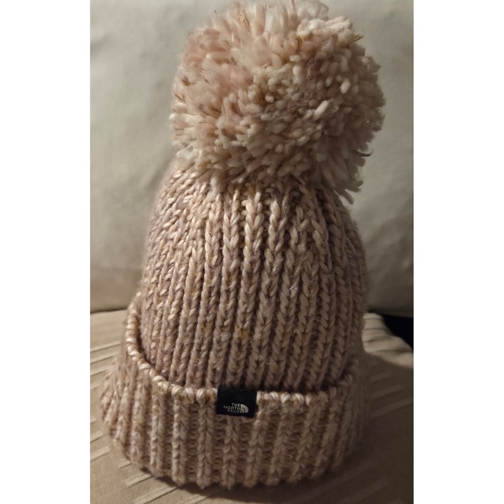The North Face Kids Oh-Mega Fur-Lined Pom Beanie Beige Tan Cable Knit Hat OS